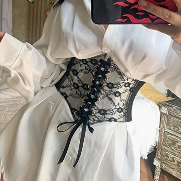 Black Floral Lace PVC Lace Up Corset Elastic Wide Waistband Belt Girdle - Picture 3 of 9